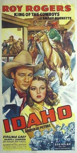 Roy Rogers, Pat Brady, Hugh Farr, Karl Farr, Virginia Grey, Bob Nolan, Lloyd Perryman, Sons of the Pioneers, Tim Spencer, and Trigger in Idaho (1943)